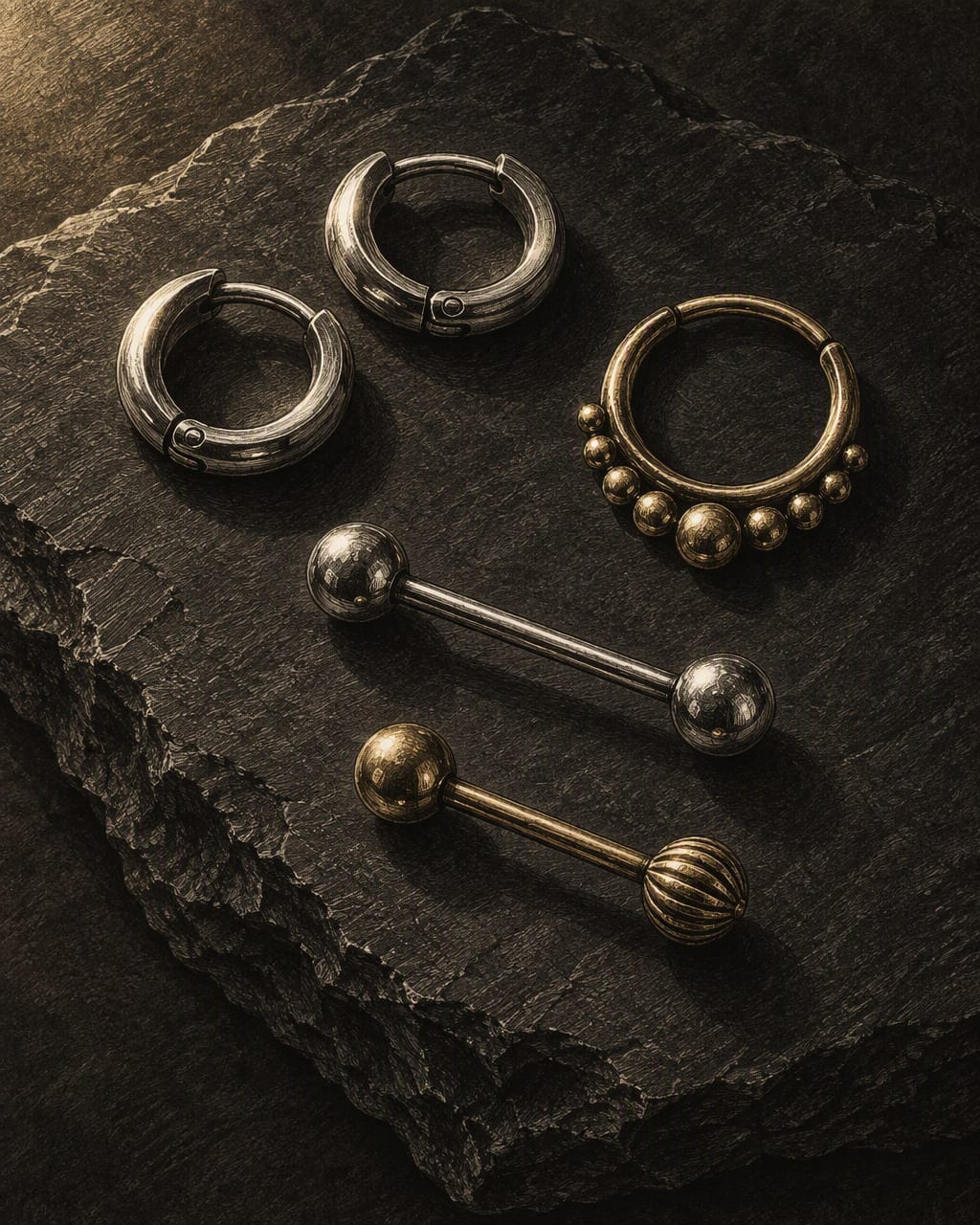 Illustration — hoops, a septum ring and barbells in steel, one in antique gold, laid out on dark slate