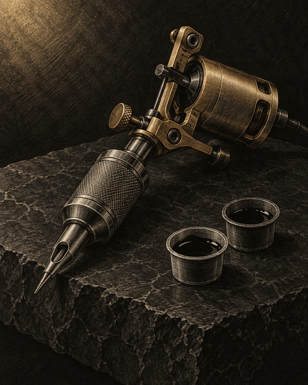Illustration — a rotary tattoo machine in brass and steel resting on a dark stone slab beside open caps of black ink