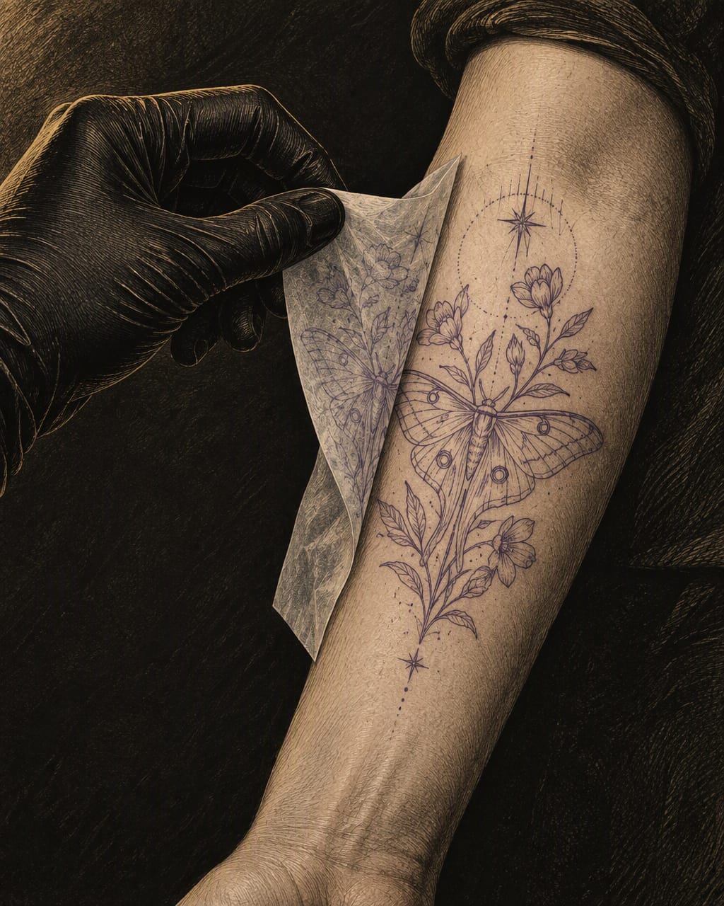 Illustration — a black-gloved hand lifting transfer paper off a forearm to reveal a positioned moth-and-flower outline